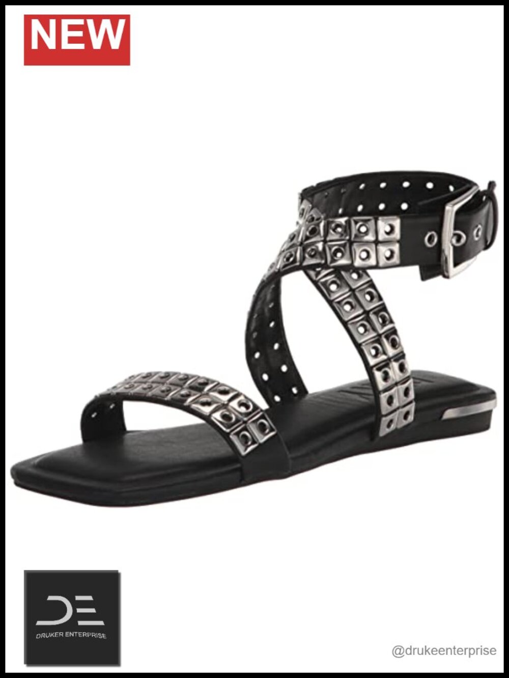 Studded Flat Sandals for Women Ankle Strap Open Toe Leather Gladiator Sandals